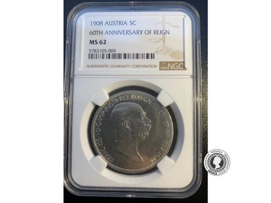 NGC MS 62 - Strieborná jubilejná minca Rakúsko, Franz Joseph I, 5 Korona Viedeň 1908 - 60. výročie panovania cisára 1848 - 1908 (Austria/Wien)