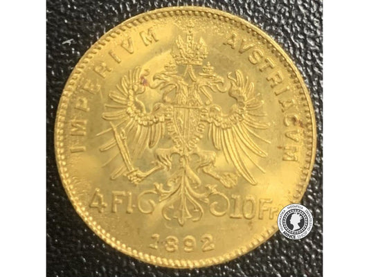 Zlatá investičná minca Štvorzlatník Fr. Jozefa I. 4 Gulden 10 Frankov 1892 (novorazba)