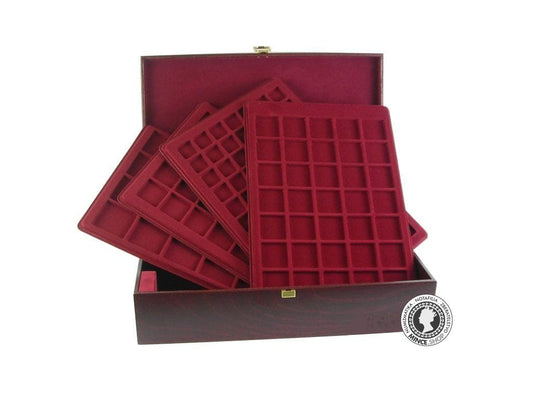 Elegantná drevená kazeta pre pláta na mince, bankovky a odznaky 350x250x80