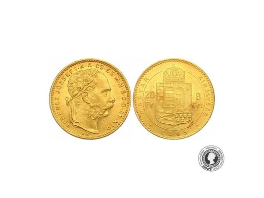 Zlatá minca 8 gulden 20 Fr Františka Josefa I. Uhorská razba 1889 KB