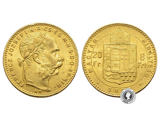Zlatá minca 8 gulden 20 Fr Františka Josefa I. Uhorská razba 1890 KB