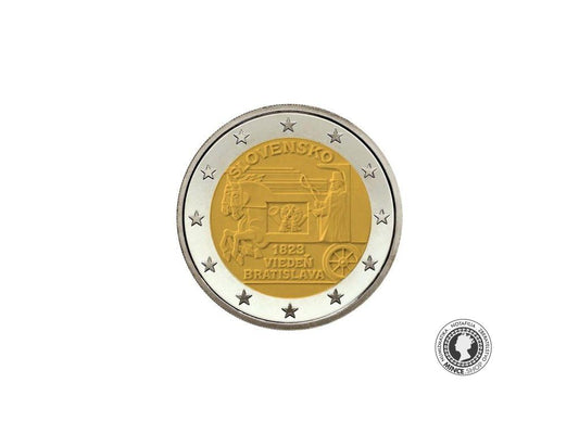 Slovensko UNC 2 euro 2023 - Začiatok pravidelnej expresnej pošty ťahanej koňmi na trase Viedeň - Bratislava - 200. výročie (v bubline)