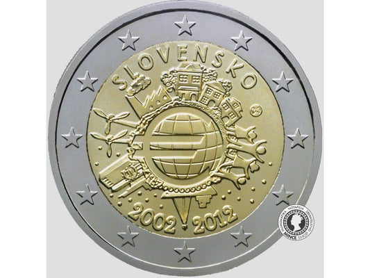 Slovensko UNC 2 euro 2012 - Zavedenie Eura - bankovky a mince - 10.výročie (v bubline)
