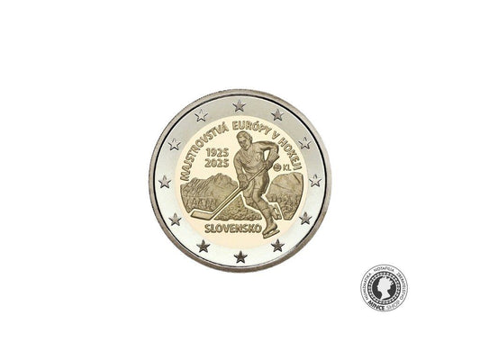 Pamätná eurominca UNC 2 eurá / 2025 Prvý medzinárodný športový turnaj na území SR – Majstrovstvá Európy v hokeji – 100. výročie