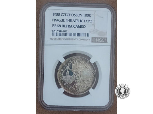 Strieborná minca 100 Kčs Svetová výstava poštových známok Praga 88 1988 - kvalita PF 68