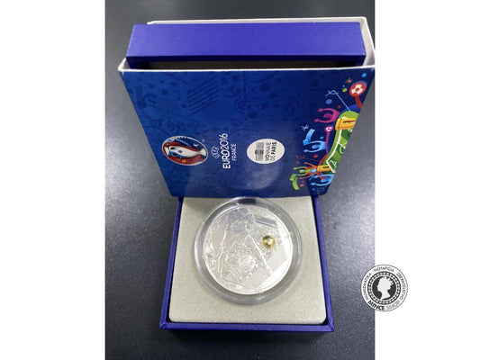 Strieborná minca 10€ Proof EURO UEFA / 2016 kicking the golden ball - Majstrovstvá Európy vo futbale Francúzsko
