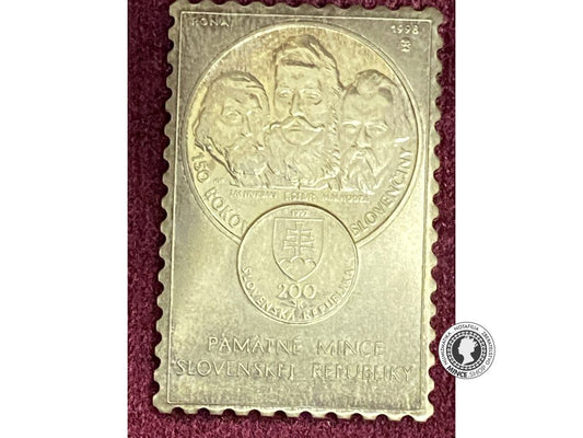 Zlatá pamätná minca proof 200 korún / 1998 - plaketa v tvare poštovej známky - 150. rokov spisovnej slovenčiny
