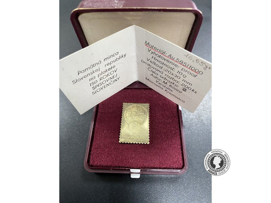 Zlatá pamätná minca proof 200 korún / 1998 - plaketa v tvare poštovej známky - 150. rokov spisovnej slovenčiny