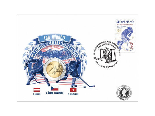 Numizmatická obálka: 100. výročie konania ME v ľadovom hokeji vo Vysokých Tatrách s pamätnou mincou 2€ hokej UNC