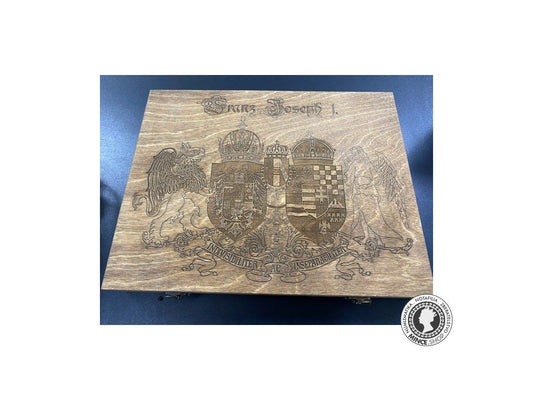Luxusná drevená kazeta s dvoma plátami na floriny Franz Jozef I.