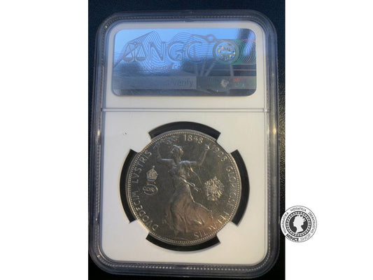NGC MS 62 - Strieborná jubilejná minca Rakúsko, Franz Joseph I, 5 Korona Viedeň 1908 - 60. výročie panovania cisára 1848 - 1908 (Austria/Wien)