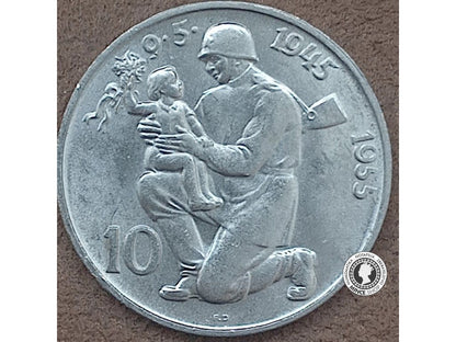 Strieborná minca 10kcs / 1955 - 10 výročie  - kvalita BK 0/0