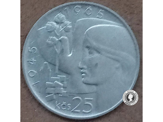 Strieborná minca 25 Kčs/1965 - 20. výročie oslobodenia Československa - kvalita BK 0/0